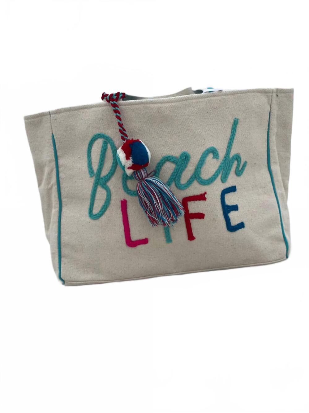 NEW KATYDID women's beach life canvas woven tote bag in ecru/blue